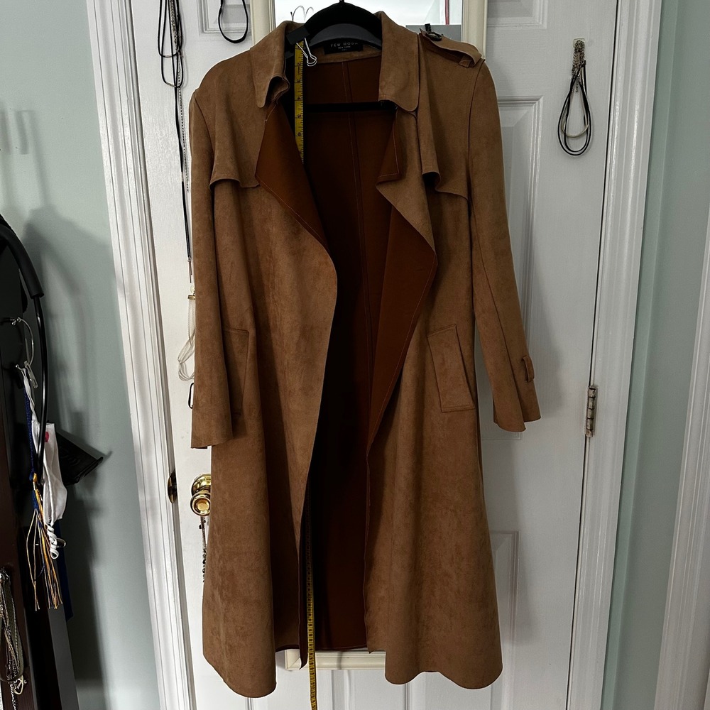 Women's Camel‎ Faux Suede Belted Trench Coat Waterfall Collar